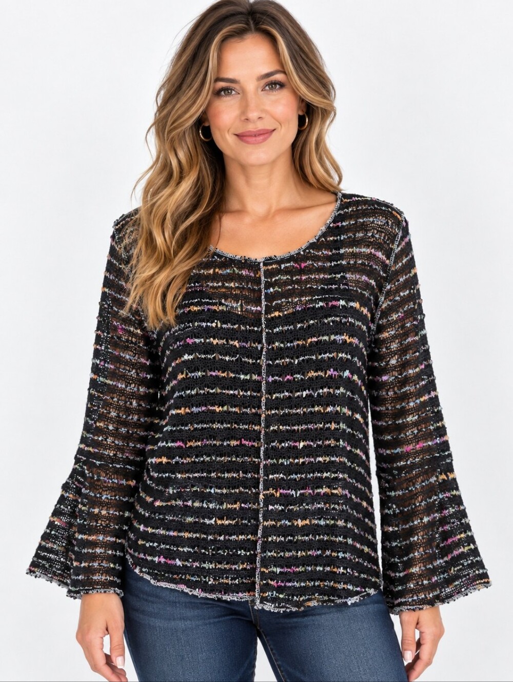 POL Open Knit Sweater Womens L Black Multicolor Striped Bell Sleeve Boho Top